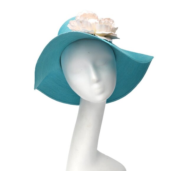 Vintage Large Straw Sun Hat Union Made USA Flower Light Blue Vacation Beach - Picture 8 of 8